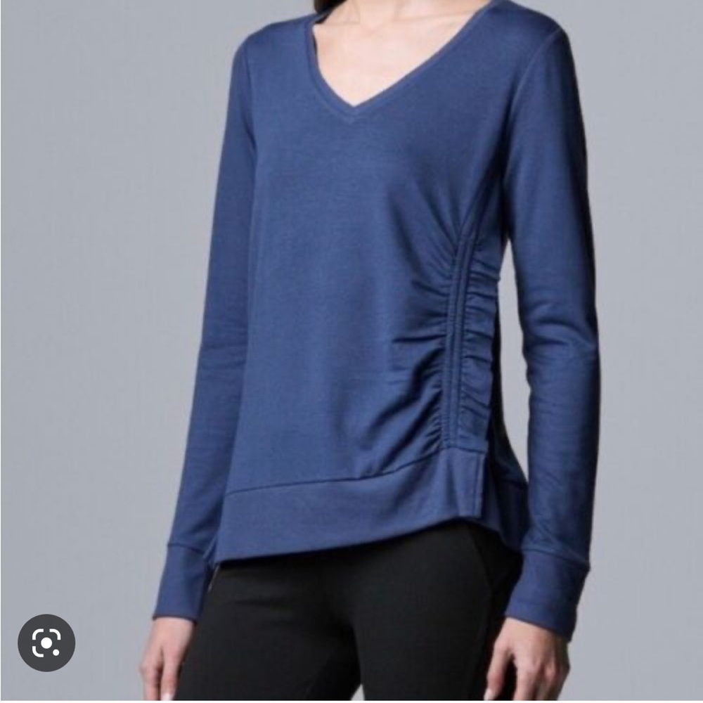 Simply Vera Vera Wang Petite V-Neck Ruched Long Sleeve French Terry Blue Top